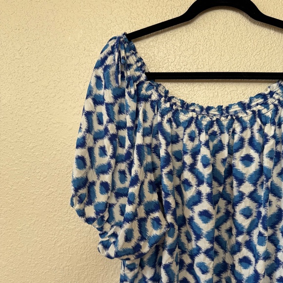 Knox Rose Blue & White Ikat Printed Short Puff Sleeve Blouse XXL - Picture 2 of 9